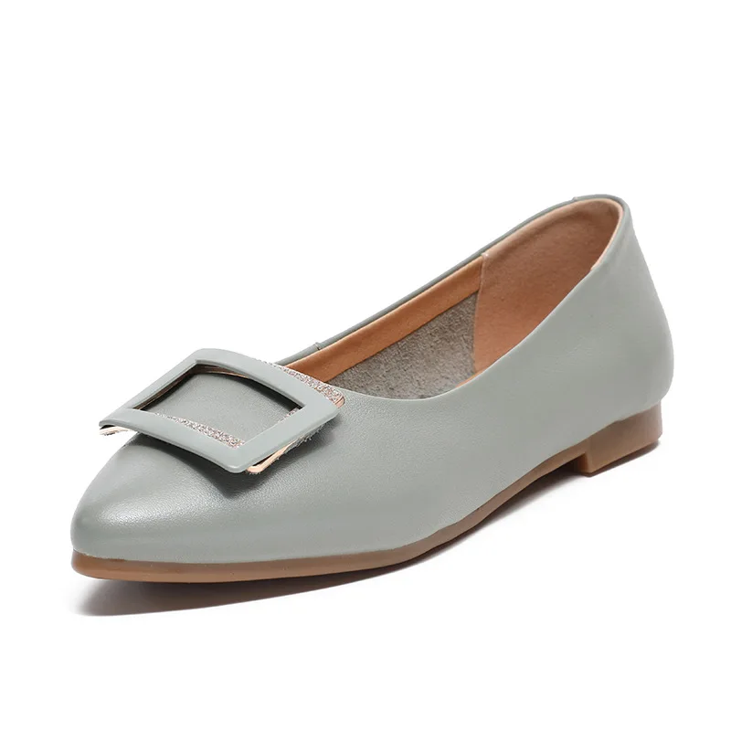 

Doudou shoes leather spring 2021 pointed square button shallow mouth versatile soft sole granny shoes flat sole single shoes