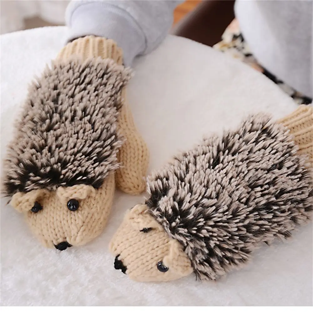 

Women Winter New Gloves Without Fingers Knitting Wool Cute Warm Mittens Fingerless Cartoon Hedgehog Warm Gloves