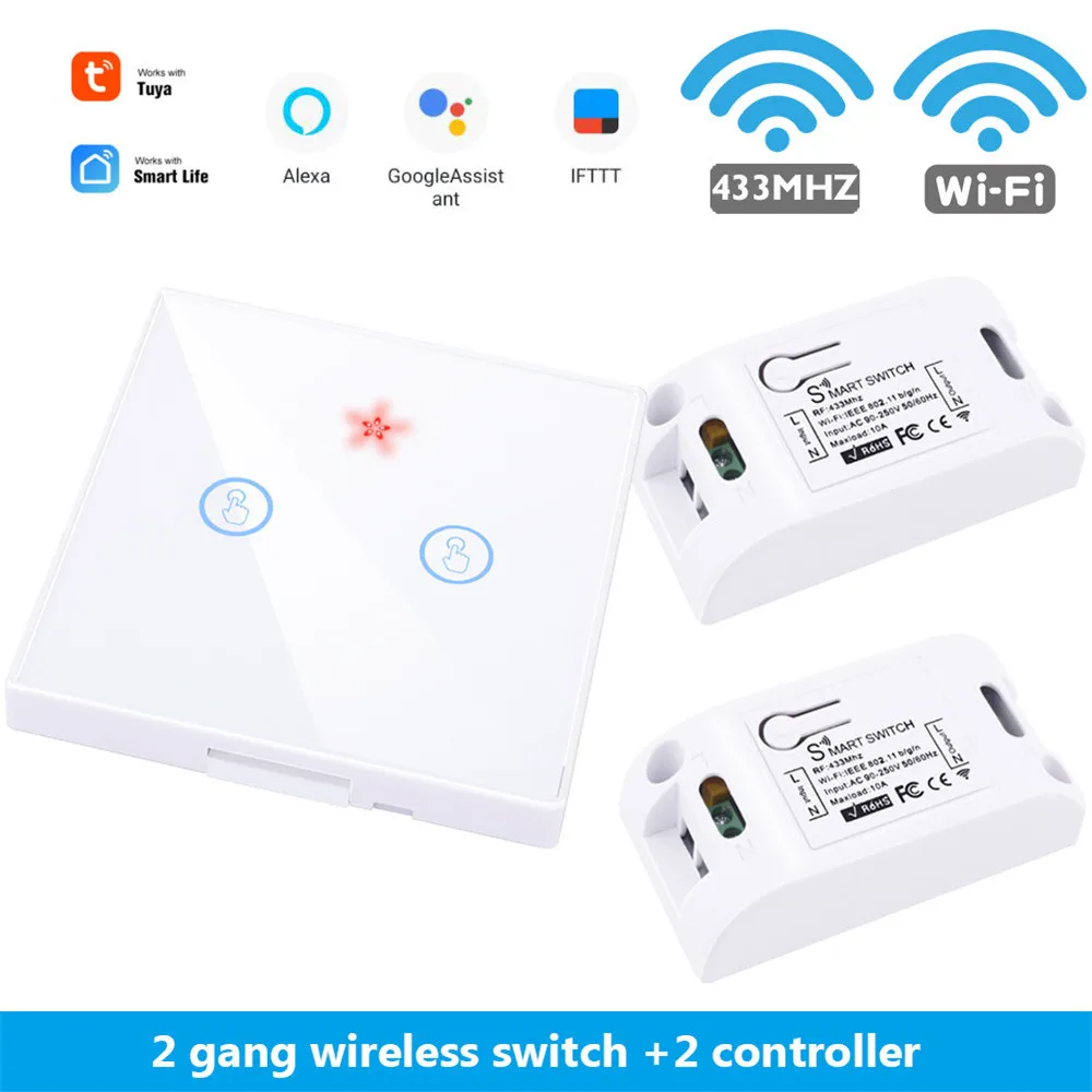 w 2 gang 2 Receiver SMATRUL Tuya Smart Life APP WiFi сенсорный выключатель светильник RF 433 МГц настенный DIY релейный таймер модуль Google Home Amazon Alexa 110 В 220 В 10A - Цвет: w 2 gang 2 Receiver