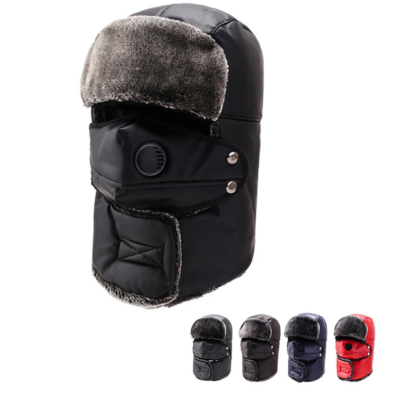

Men Winter Russian Hat Ear Bomber Hats with Mask Thicker Plus PU Hats Warm Women Winter Hat Earmuffs Ski Velvet Big Cap Bomber