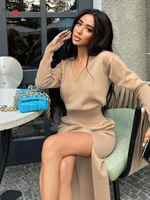 tossy solid v neck splite out knitted long dress female long sleeve tunic skinny sweater dresses 2022 fashion casual streetwear