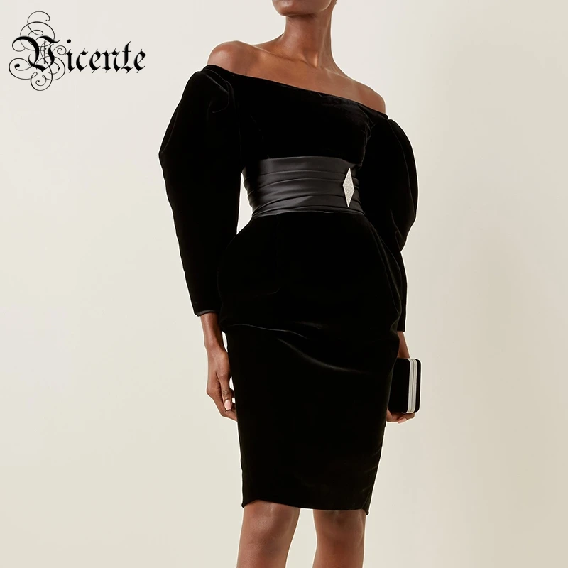 

VC All Free Shipping Chic Black Velvet Mini Dress Pocket Desgin Elegant Diamond Brooch Celebrity Party Vestido