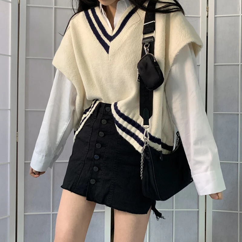 

Block Casual Sleeveless Sweater Sungtin V-neck Knitted Vest Women Color Vintage Loose Waistcoat Spring Autumn Korean Fashion BF