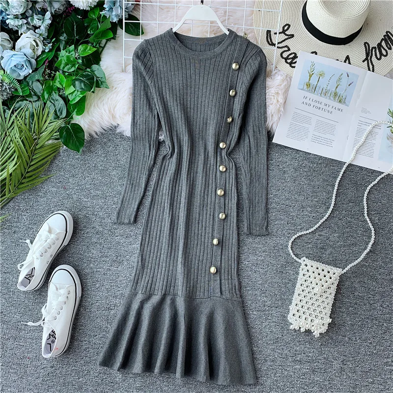 Sanishroly осенне зимнее женское платье свитер с длинными рукавами вязаные платья