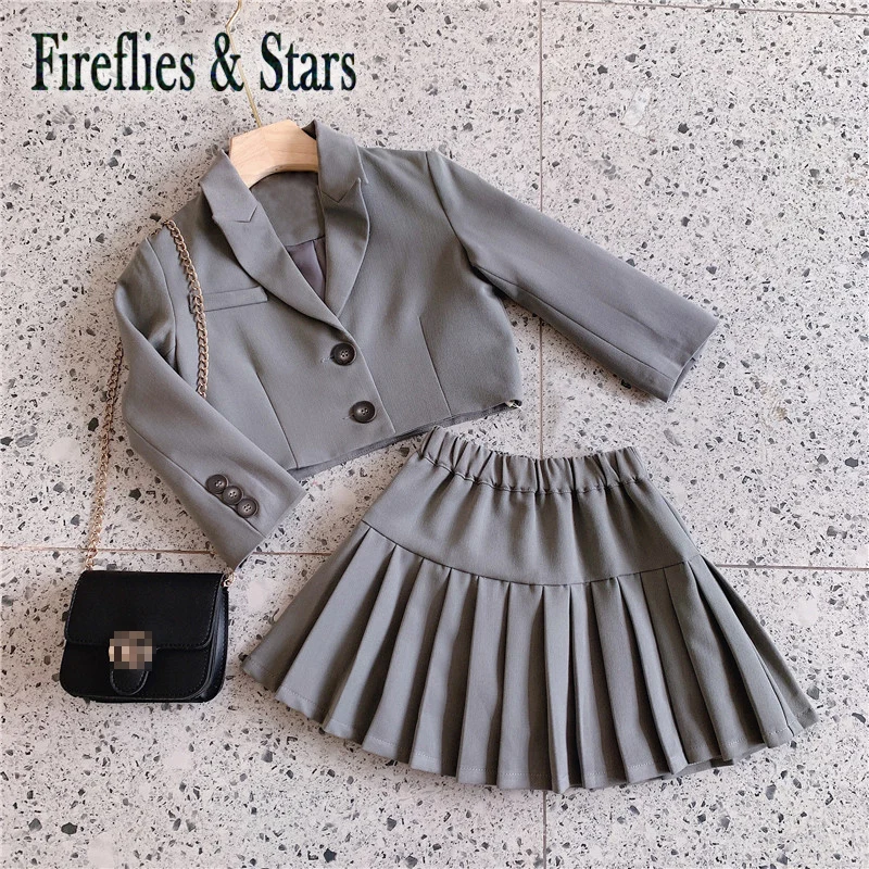 

Spring Autumn girls 2 pcs suit set baby coat + mini skirt kids suits children brand clothes gray button pleated 2 to 7 yrs