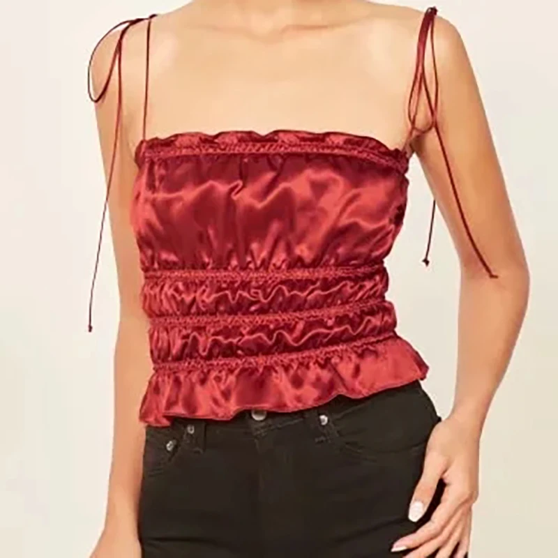 Женские летние красные модные плиссированные топы на бретельках 2020 шикарные