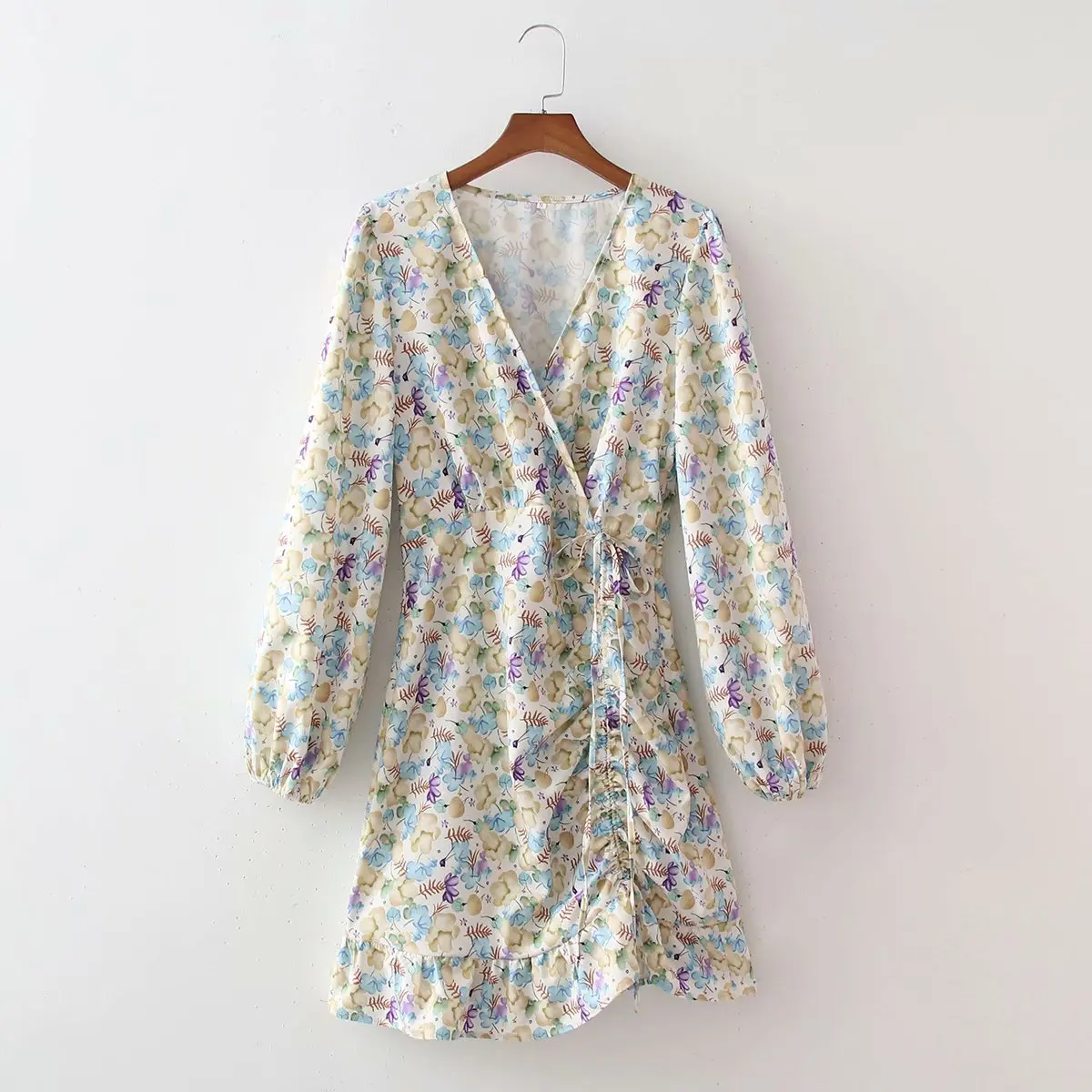

New Women Vintage Floral Printed Drawstring Dress Vogue V-neck Long Sleeves Chic Lady Casual Short Dresses Woman Robe