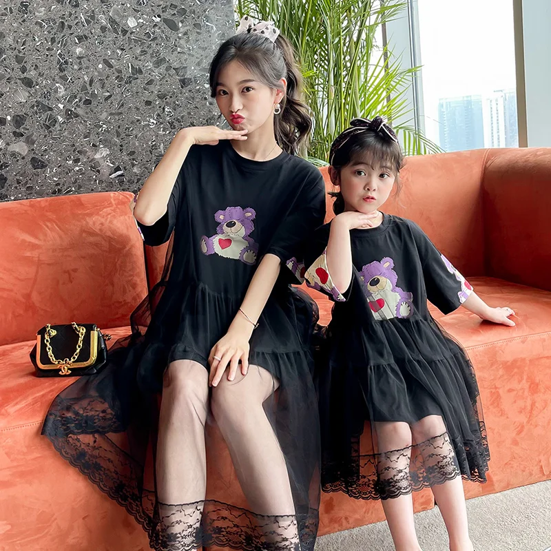 

Mommy And Me Dresses Lace Mesh Princess Style Double Layer Bear Print Cupcake Dress Girls Outfits Cute Parent-child Outfit