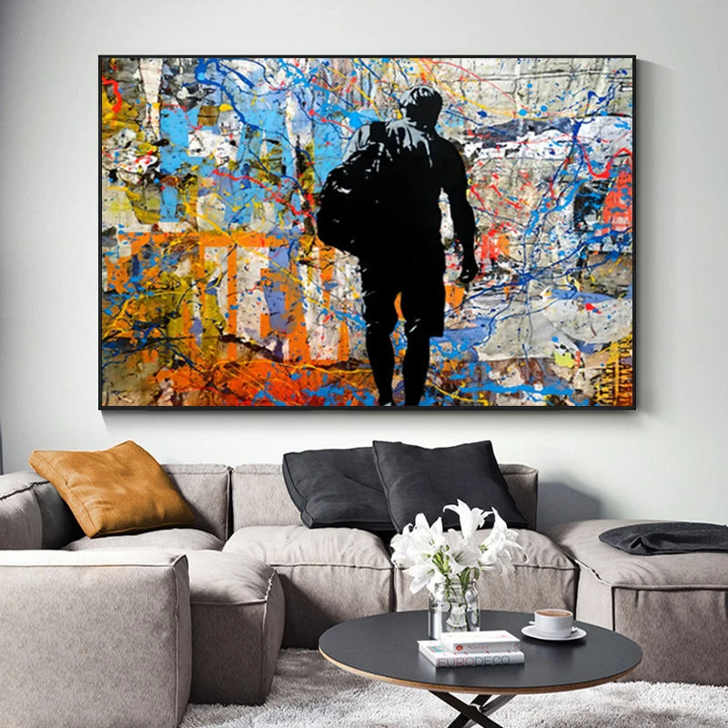 

Street Wall Graffiti Traveling Man on Canvas Posters and Prints Cuadros Wall Art Picture for Living Room Home Decor (No Frame)