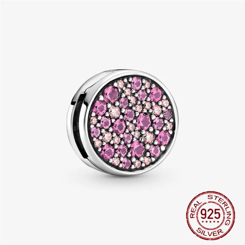

N925 Sterling Silver Beads Pink Pave Artificial Gemstone Holder Charm fit Original Pandora Bracelet Christmas Jewelry Making