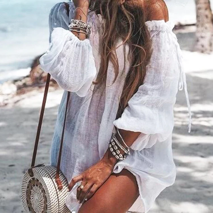 

Summer Casual Beach Dress Boho Women Kimono Pareos Bikini Cover Up Solid Maxi Robe Knitted Elegant Beachwear Off-Shoulder Kaftan