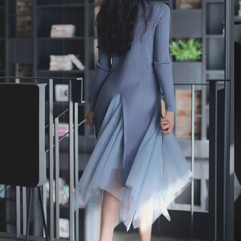 2019 Elegant Two pieces Knitted Sweater Dress Slim-fit Slim Mesh Skirt Piece Set fashionable Runway Suit |