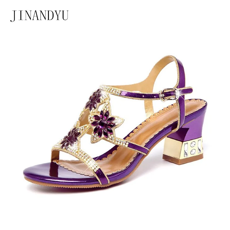 

High Heels Sandals Women Shoes High Heel Size 41 Rhinestone Sexys Shoes Purple Gold Blue Sandalsfor Women Summer Chunky Heels