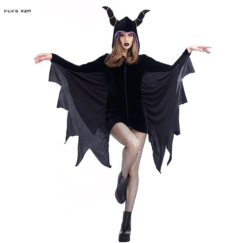 

Women Halloween Hell Demon Vampire Costumes Female Black Bat Cosplay Carnival Purim Parade Nightclub Bar Role play party dress