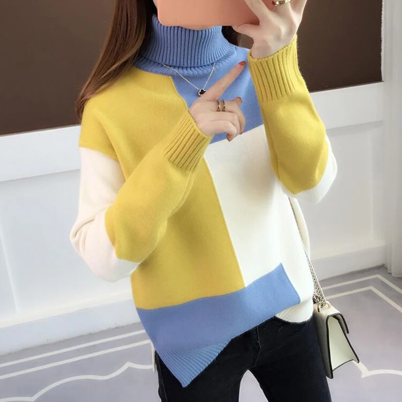 Oversized Knitted Sweater Women Red Patchwork Turtleneck Winter Jumper Korean Pullover Casual Clothes Warm Loose V644 | Женская одежда