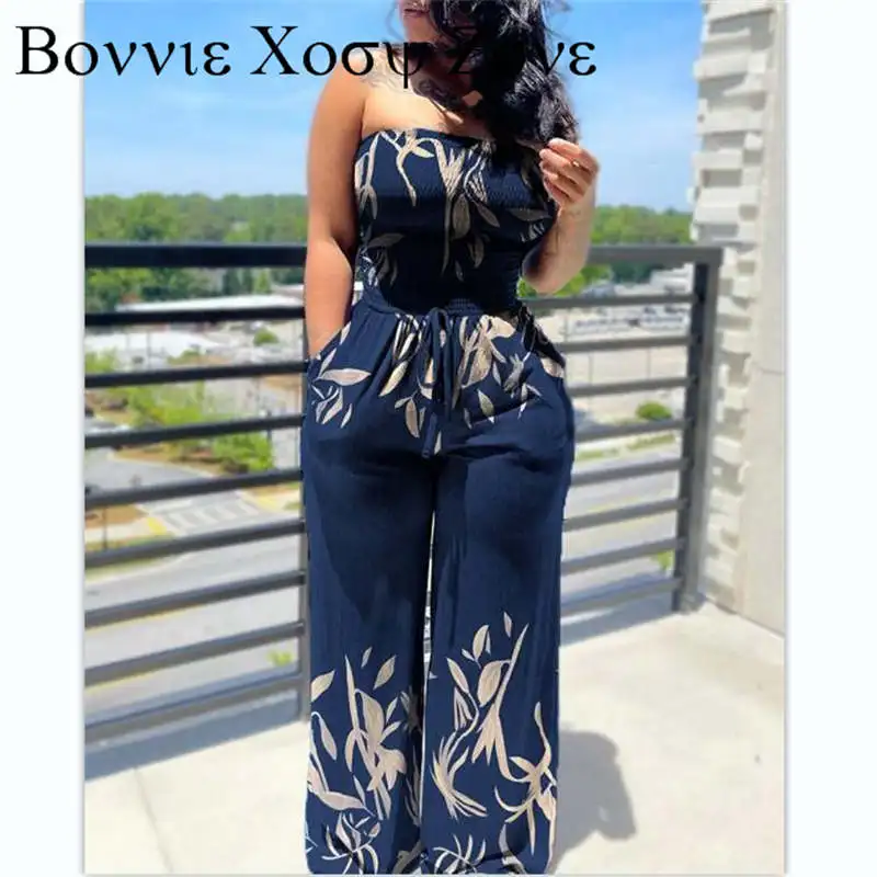 

Комбинезон с открытыми плечами и цветочным принтом, с кулиской на талии, с широкими штанинами