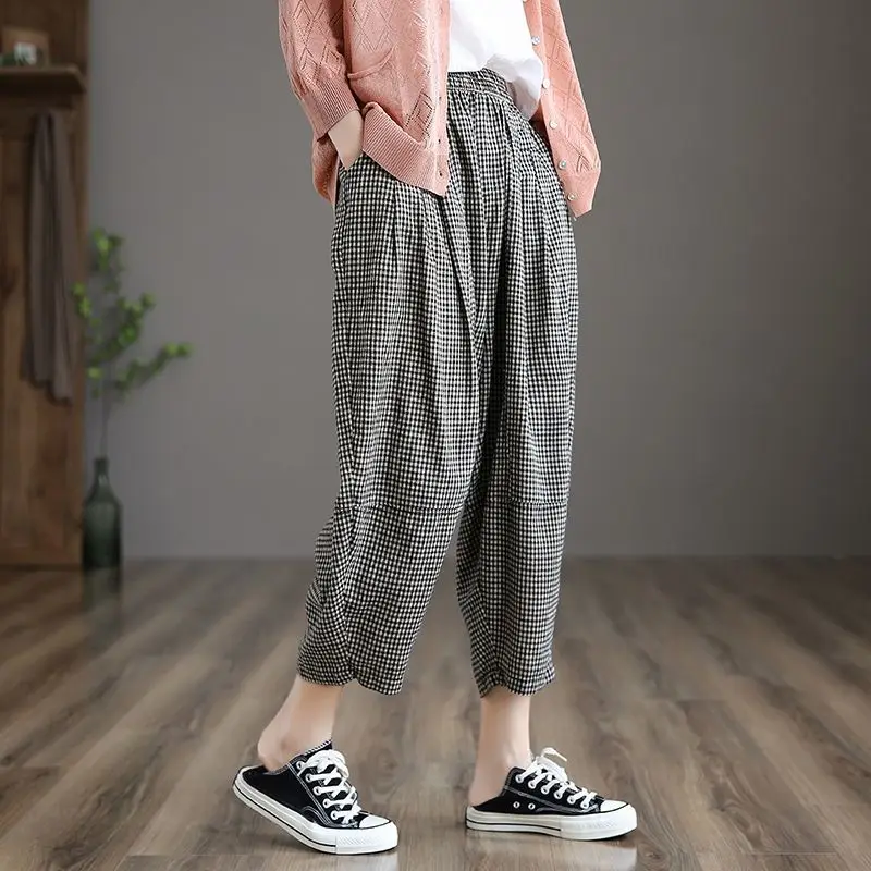 

Art Retro High Waist Slimming Plaid Pants WomenLoose Nine-Point Harem Pants Cotton Pants New Summer Casual Women's Pants