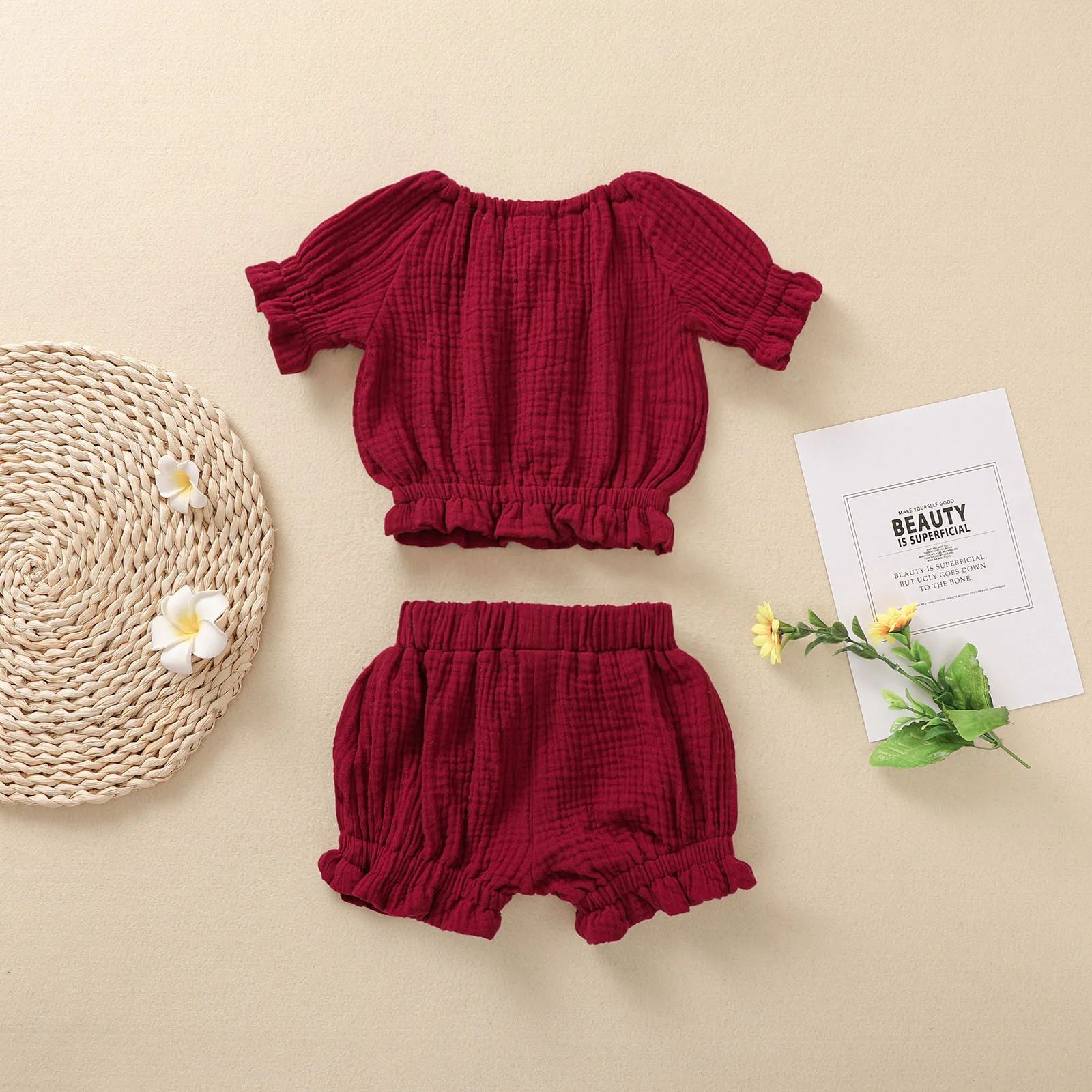 

2020 New 6M-3Y Toddler Baby Girl Summer 2Pcs Set Crew Neck Lantern Short Sleeve Ruffled Crop Top+Bow Drawstring Shorts 3 Colors