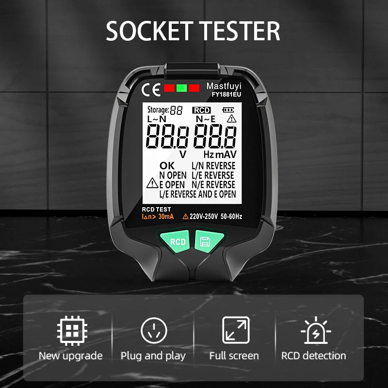 Full Screen Socket Tester Voltage Test EU/UK/US Plug Line RCD Measurement Polarity Phase Check |