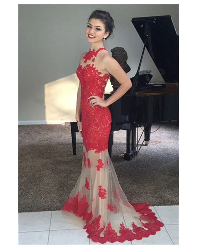 

Женское вечернее платье с юбкой-годе, Красное длинное прозрачное платье без рукавов с кружевной аппликацией и высоким воротом, платье для в...