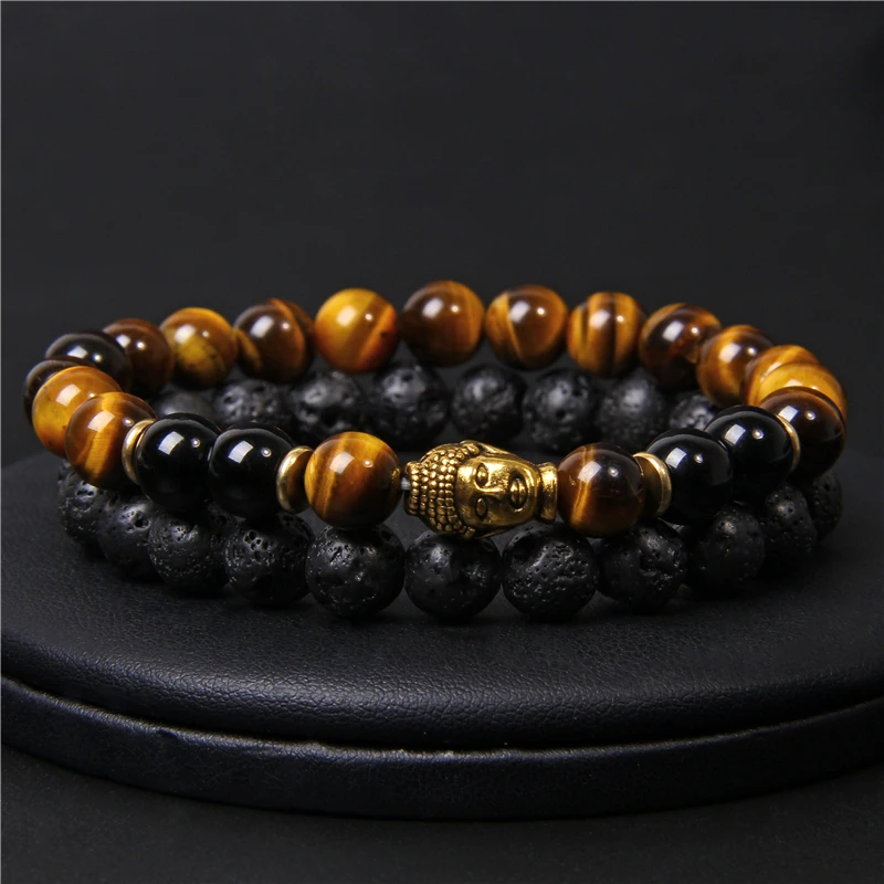 Браслет из вулканической лавы 8 мм 2 шт./компл. Золотая подвеска в виде головы