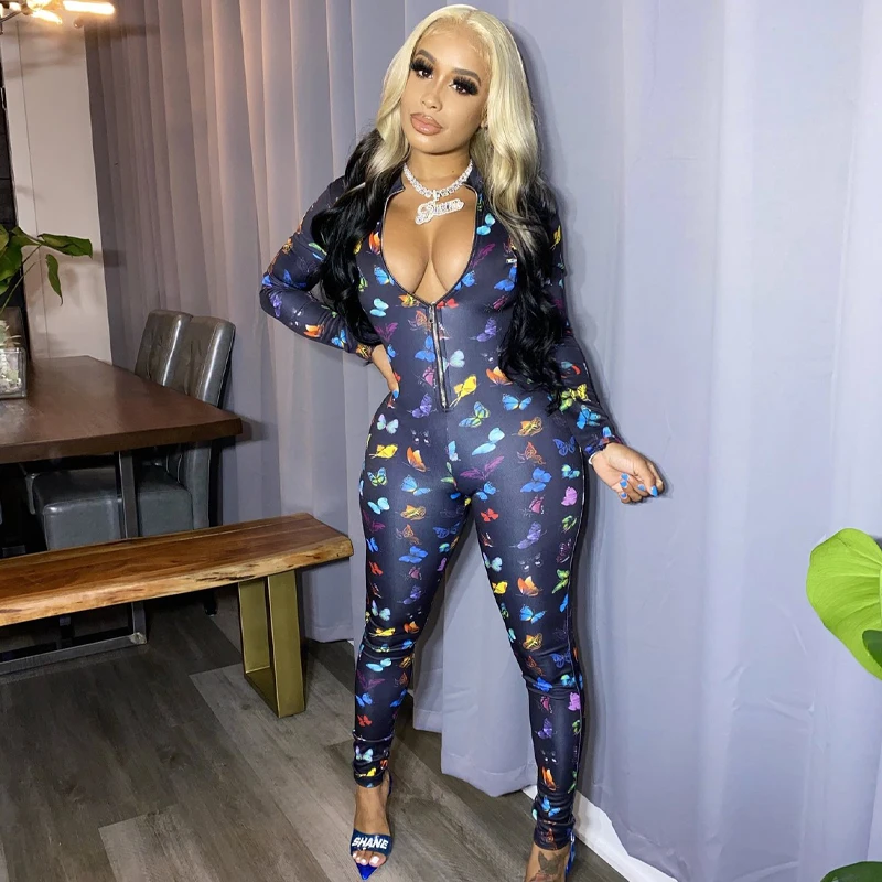 

Plus Size Autumn Butterfly Print Ladies Sexy Bodycon Jumpsuit Women Rompers Long Sleeve Skinny Summer Womens Bodysuits Female