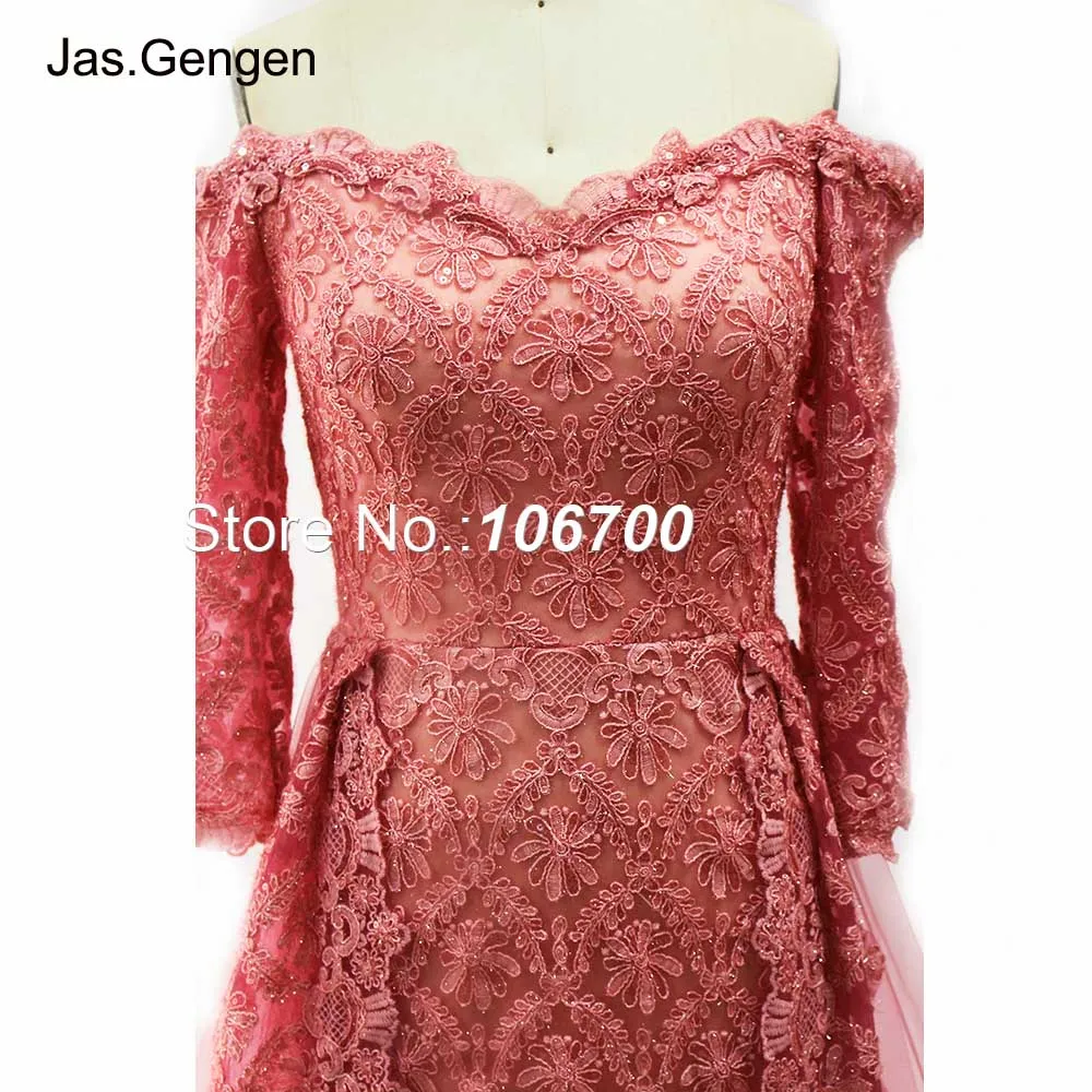 

One Piece Amazing Long Train Evening Dress Embroidery Lace Three Quarter Sleeves Off Shoulder Bridal Pageant Prom Gowns New