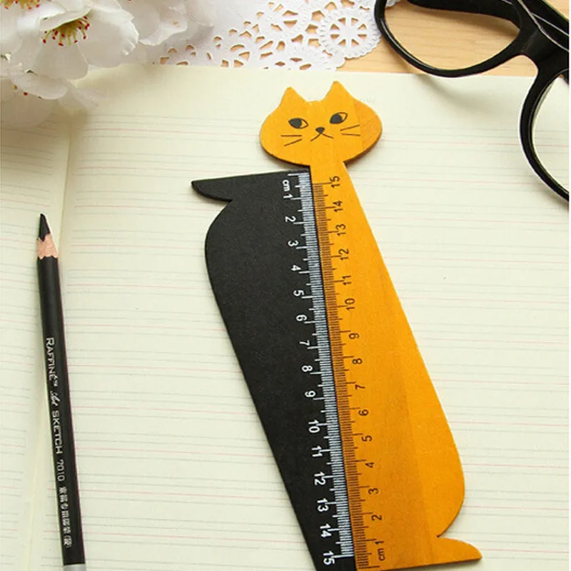 

Cute Cartoon Wood Animal Straight Ruler Gift For Kids School Office Supplies Stationery Black Yellow 15cm Lovely Cat Shape Ruler