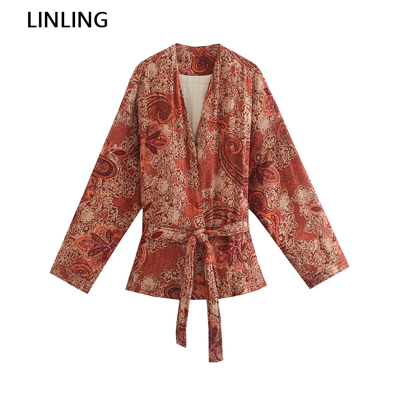 

Женская свободная куртка Za, хлопковая куртка в этническом стиле с принтом, с поясом и длинным рукавом, верхняя одежда с карманами, осень 2021