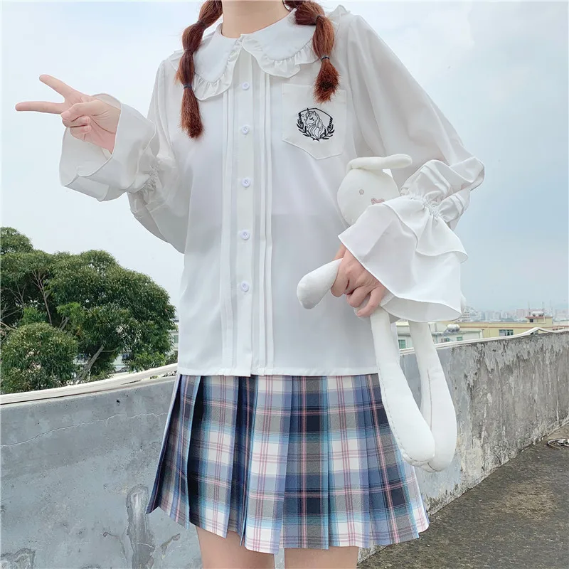 

Original New Spring Lolita Women Shirt Kawaii Doll Collar Blouses Feamle Basic Jk Uniform Unicorn Embroidery Cotton Tops