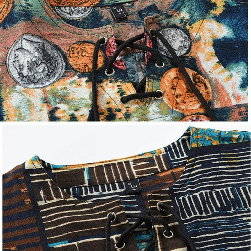 

SHUJIN Fashion Printed Cotton Linen T Shirt Mens Casual Short Sleeve Embroidery Tops Male Vintage Drawstring O-Neck Pullover Tee