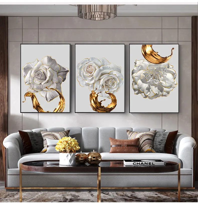 

White Rose Flower Golden Ink Splash Abstract Poster Nordic Art Plant Canvas Painting Modern Wall Picture for Living Room Decor