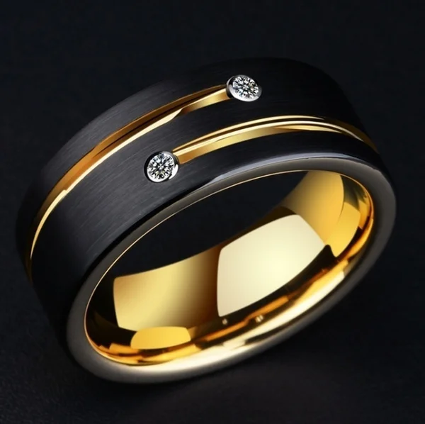 8mm Classic Fashion Men Titanium Steel Ring Cubic zirconia Black Groove Hollow Gold ring Engagement Party Anniversary Gift