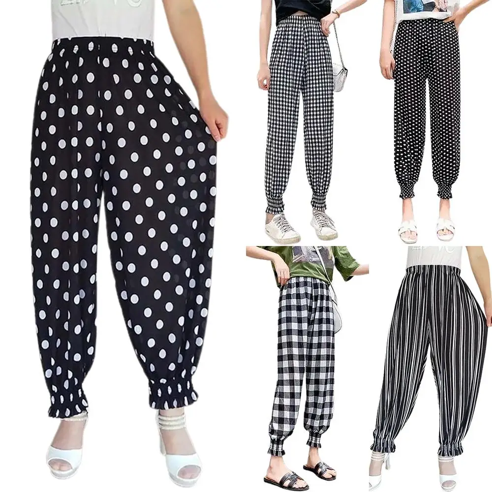 

Для женщин брюки с высокой талией в горошек, в клетку, в полоску, с рисунком с длинными Длина Повседневное брюки для девочек