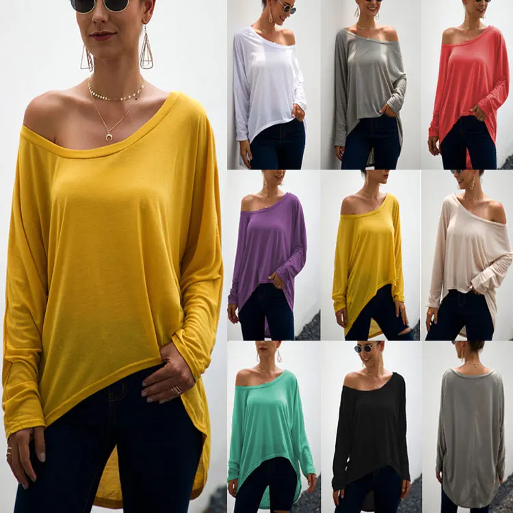 

Women Off-the-shoulder Shirt Solid Color Long Sleeve Irregular Loose Shirt Tops -OPK