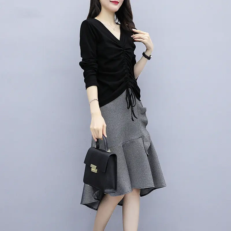 Женский модный элегантный костюм-двойка облегающая футболка с V-образным вырезом