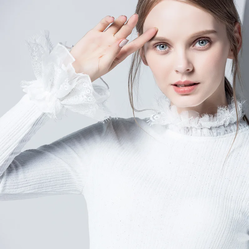 Осенняя одежда Женская Блестящая сетка макет шеи длинный рукав вязаный свитер с