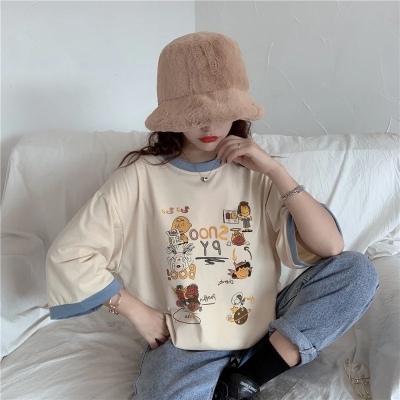 

Houthion Cotton Loose Plus Size Women's T-shirt Summer Fashion Casual New Korean O-Neck Short Sleeve Top Retro Tops
