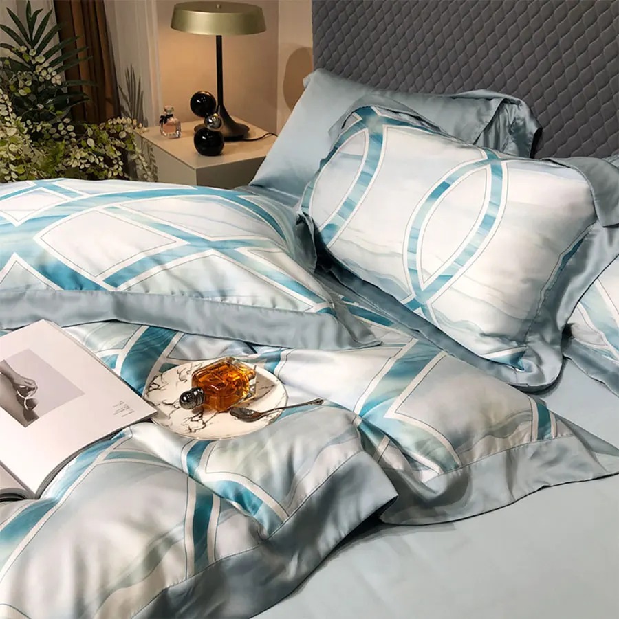 melhor Europeu Americano Azul Geométrico Jogo De Cama, Rainha Completa Rei Confortável Dupla Casa Têxtil Folha Fronha Capa Edredão
