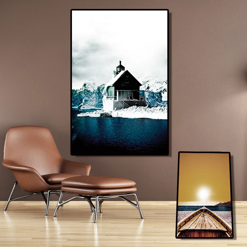Картина на холсте для гостиной HD Золотая лодка и закат дом в снегу картина