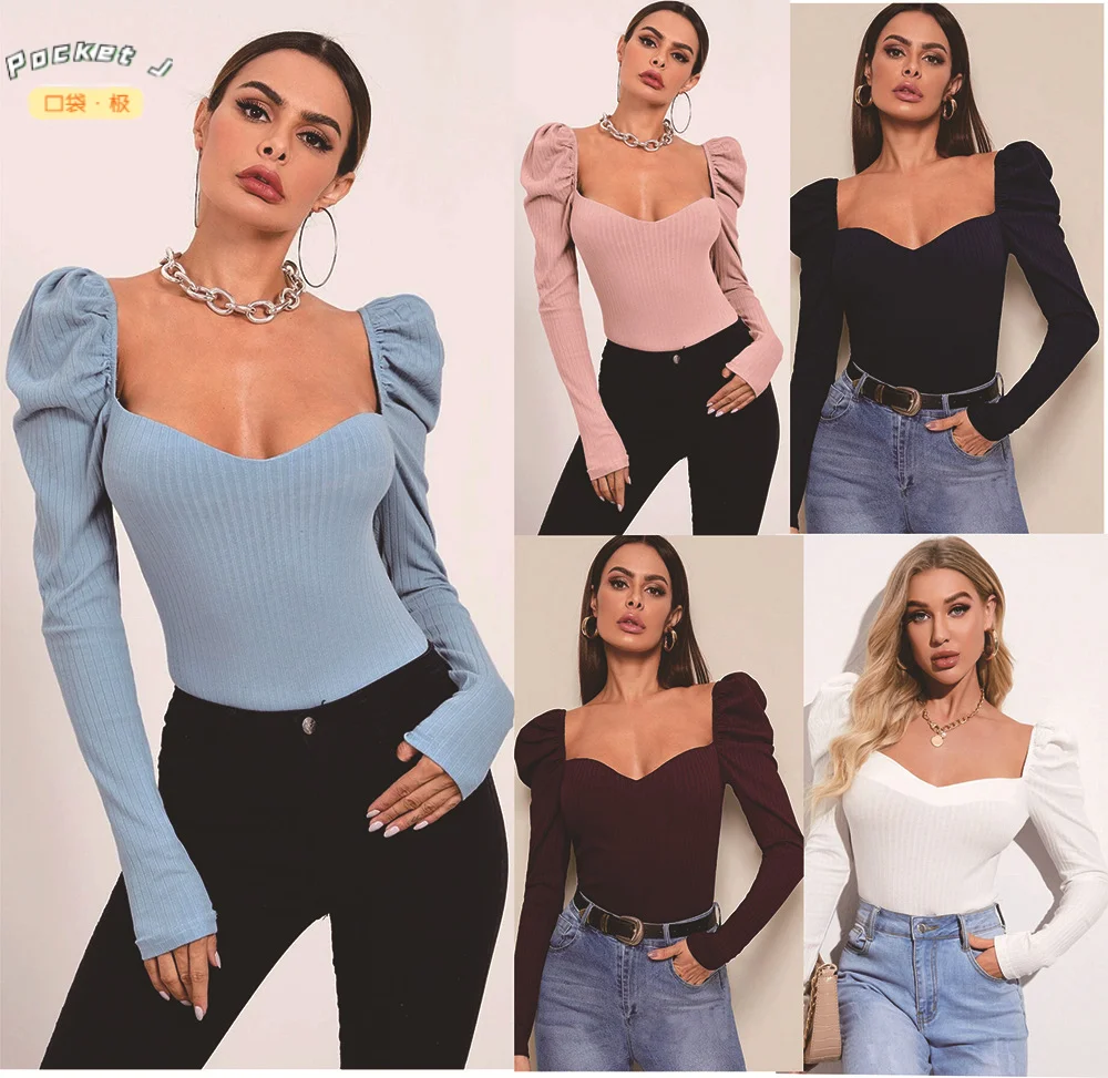 

[Pocket J] Spring and Autumn Women's Sexy Solid Color T-shirt Princess Shoulder Slim-fit Blouse, One-word Neck and Pullover Tees
