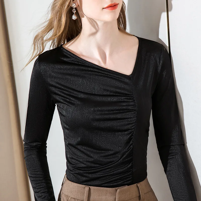 

Long sleeve T-shirt women's autumn new trend women's oblique V-neck solid color pleated design temperament slim top