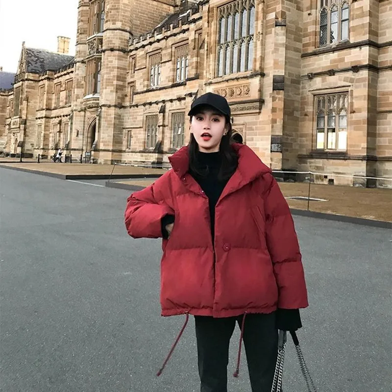 Корейский стиль 2019 зимняя женская куртка со стоячим воротником однотонная