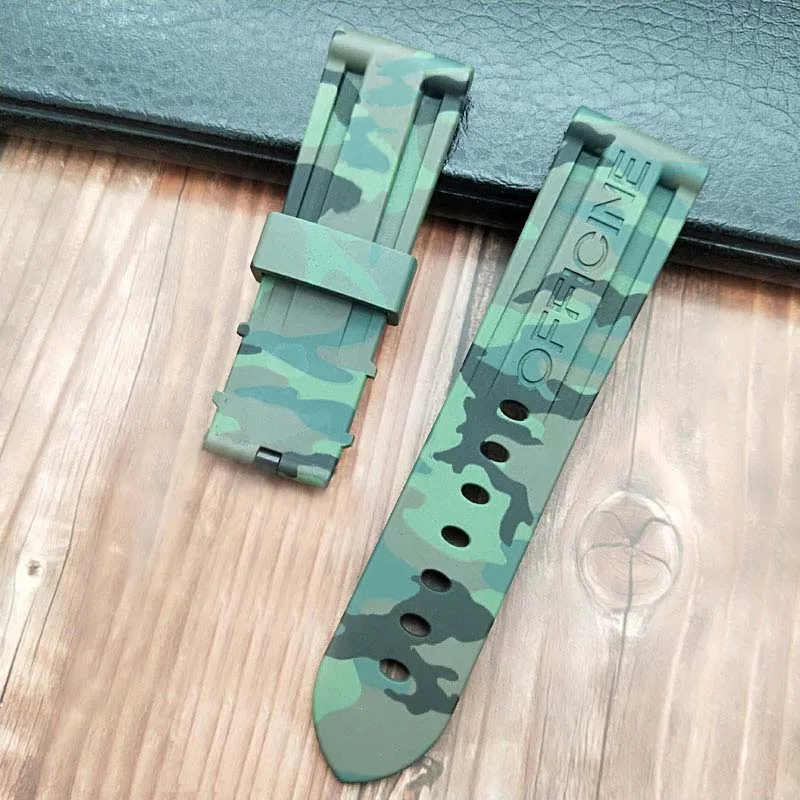 24camo green strap 24 мм 26 мм черный белый оранжевый Камуфляж красный синий зеленый серый мягкий водостойкий резиновый ремешок для часов для panerai ремень, булавка, пряжка бесплатный инструмент - Цвет ремешка: 24camo green strap
