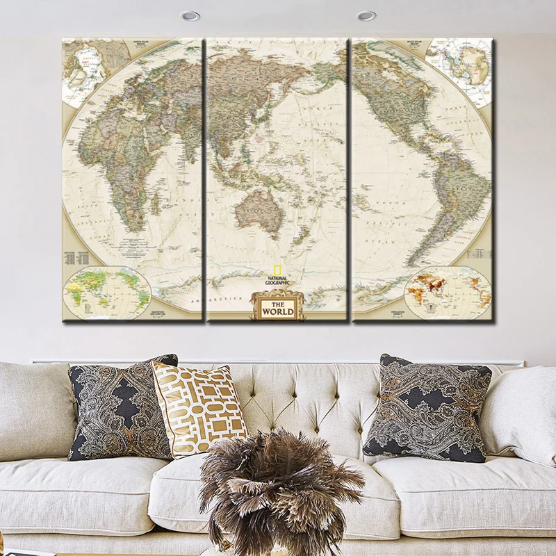 Модульная Настенная картина с 3 панелями Карта мира Картина на холсте плакаты и