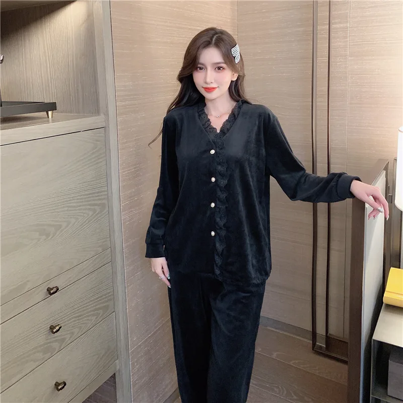 Осенне-зимняя черная бархатная Пижама для женщин, комплект из двух предметов, кружевная пижама с длинным рукавом и V-образным вырезом, теплы... от AliExpress RU&CIS NEW