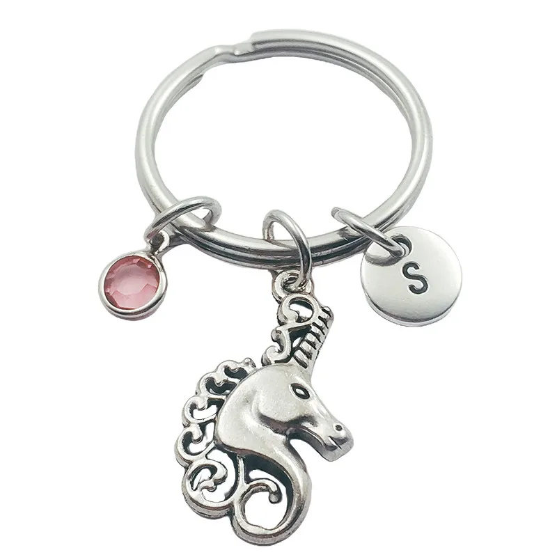

Unicorn Initial Letter Monogram Birthstone Keychains Keyring Creative Fashion Jewelry Women Gifts Accessories Pendant