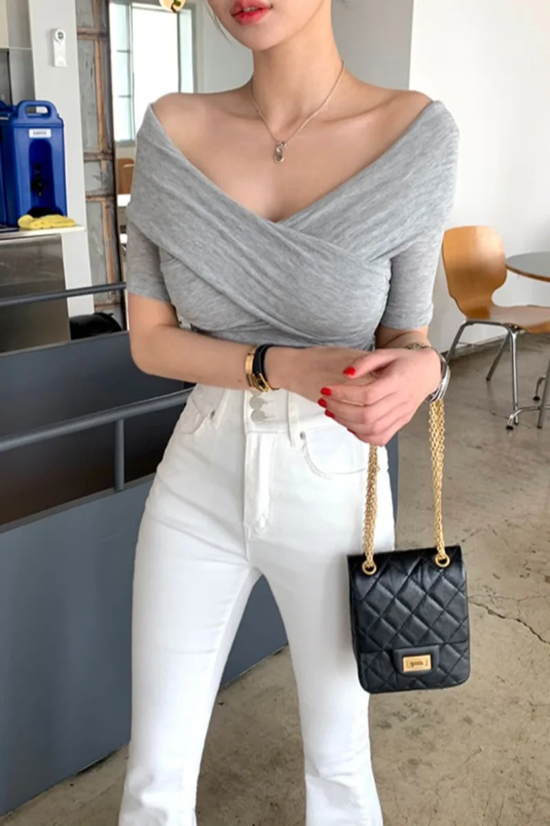 

Korean Chic Sexy Cross V-neck Off-Shoulder Backless TShirt Stretch Wrapped T-shirt Tops Female Y2k Aesthetic Clothes Harajuku