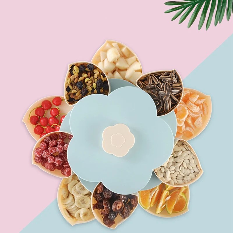 

Creative Flower Plastic Rotating Candy Box Multifunctional Storage With Box 2 Layer Dried Fruit Plate Snack Serving Tray