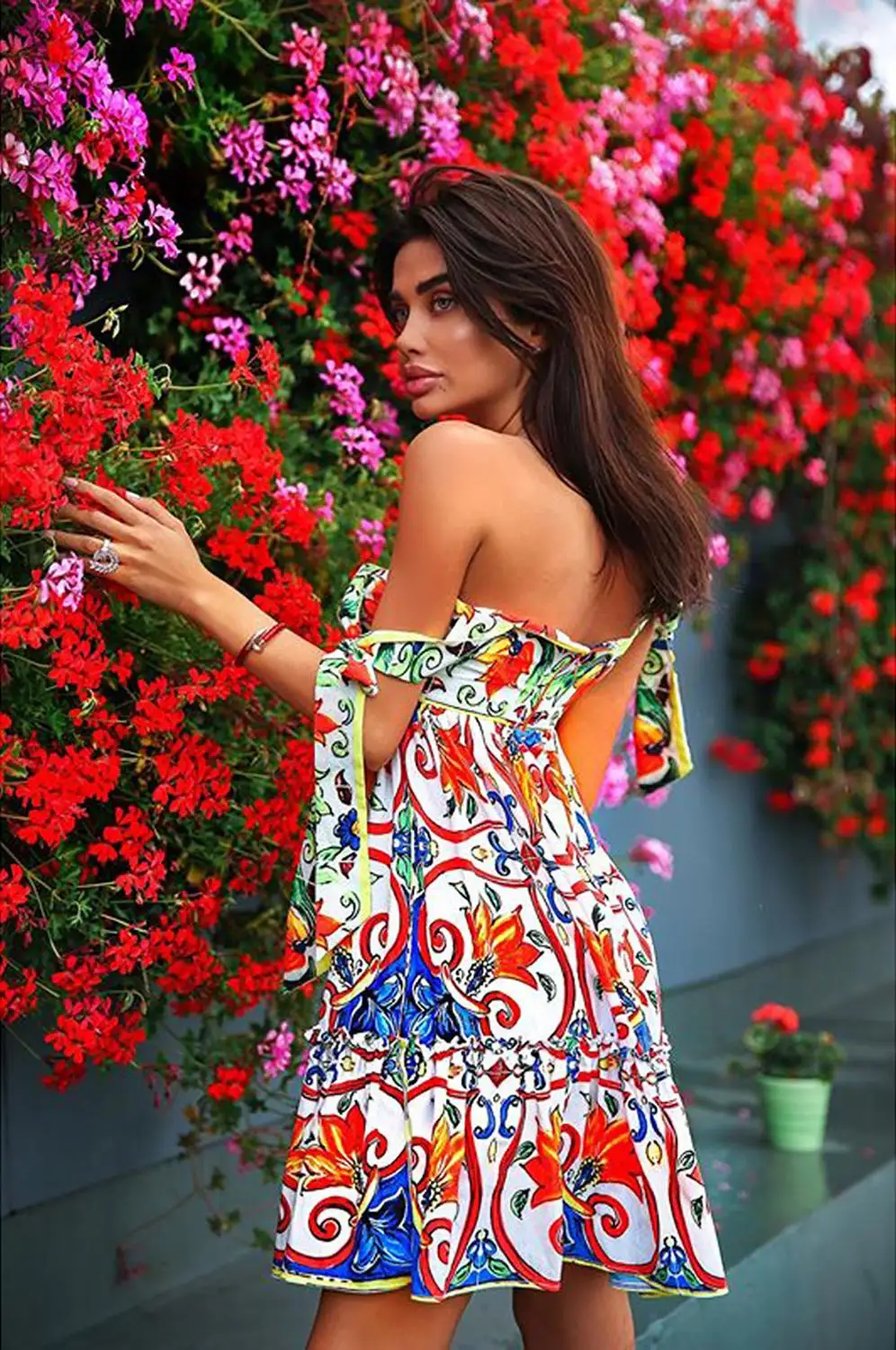 

Linglewei New Spring and Summer Women's Dress Frenulum slash neck ruffles printing easy matching dress